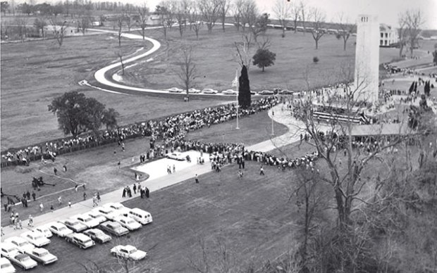 Battle of New Orleans sesquicentennial at Chalmette Monument, 1965. Fazendeville in the background. Source: NPS