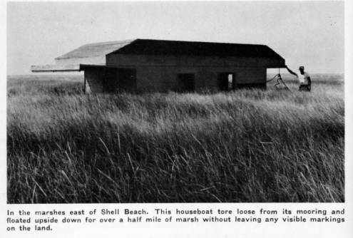 Upside houseboat in Shell Beach, 1955. Source: Louisiana Digital Library